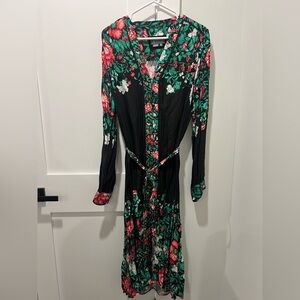 Anthropologie Black, Red, White, and Green Floral Long Sleeve Dress